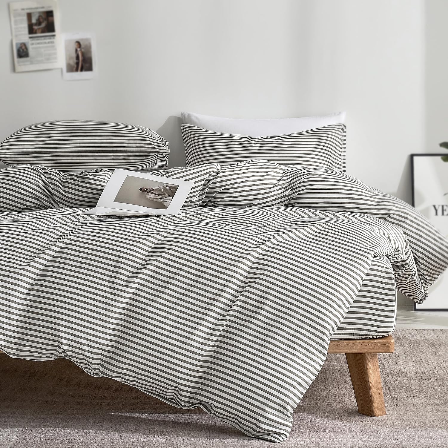 Grey Striped Cotton Duvet Cover Set