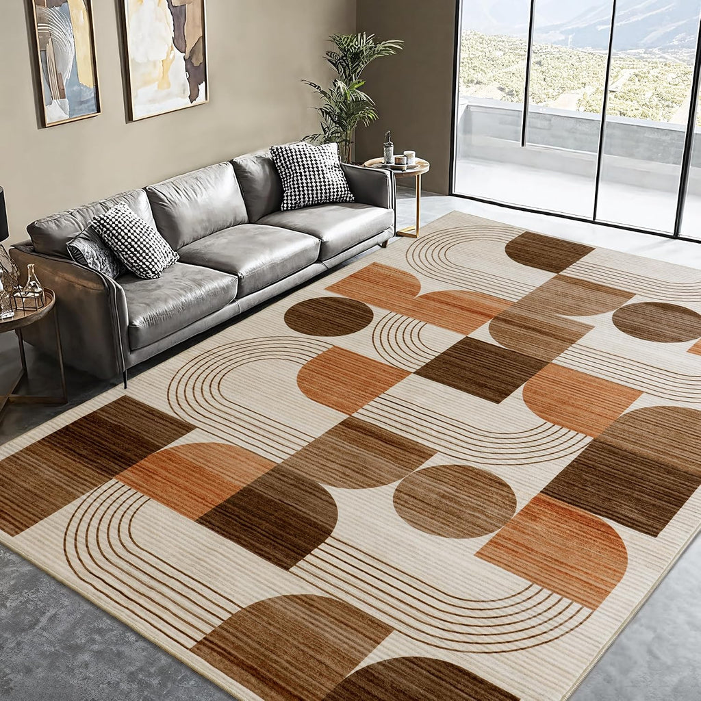 Washable Orange Geometric Area Rug