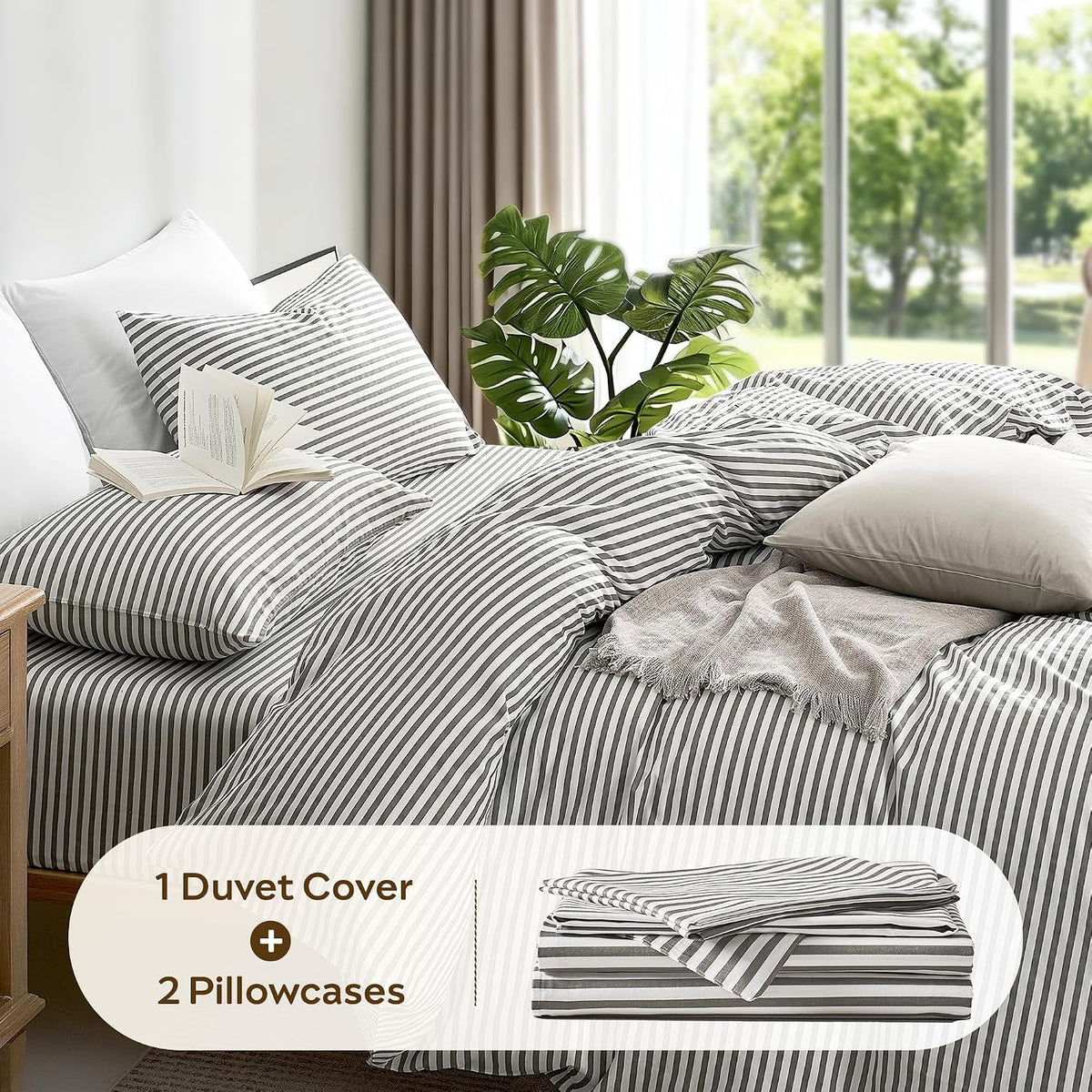 Grey Striped Cotton Duvet Cover Set
