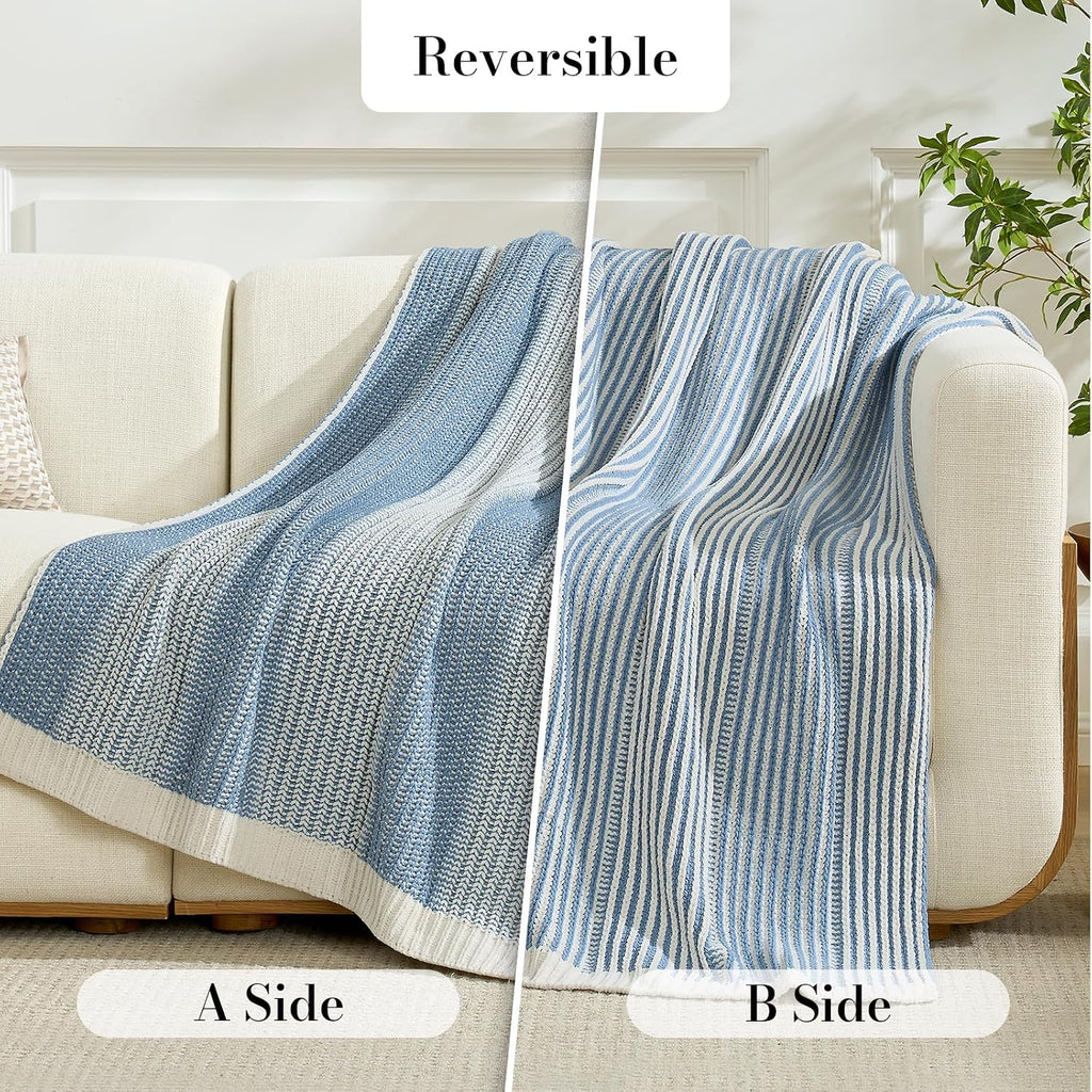 Blue Ivory Knit Throw Blanket