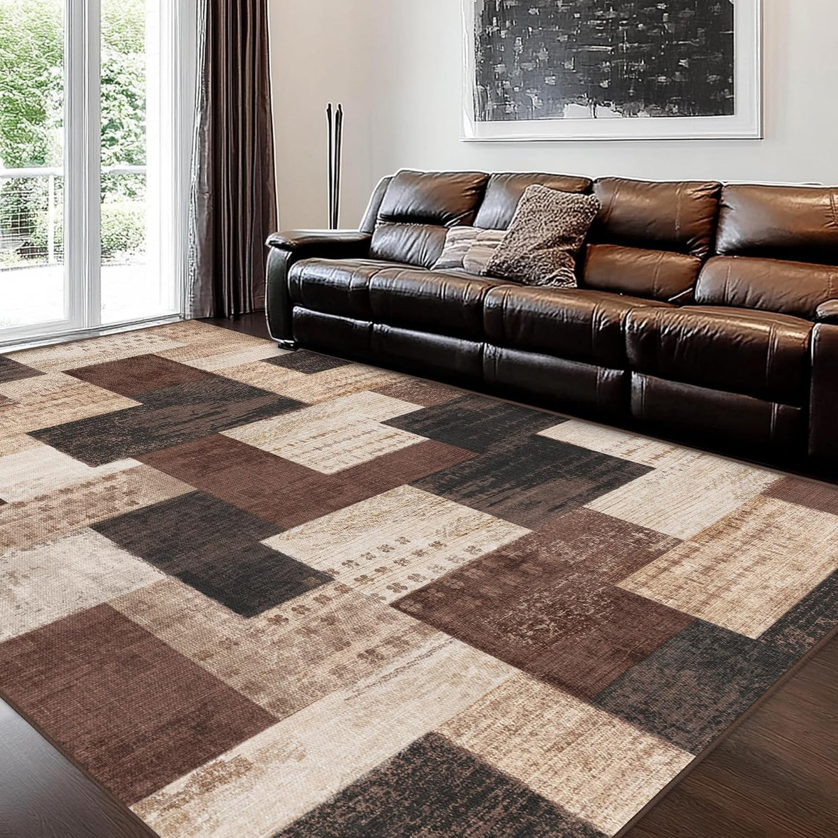 Brown Geometric Patchwork Area Rug