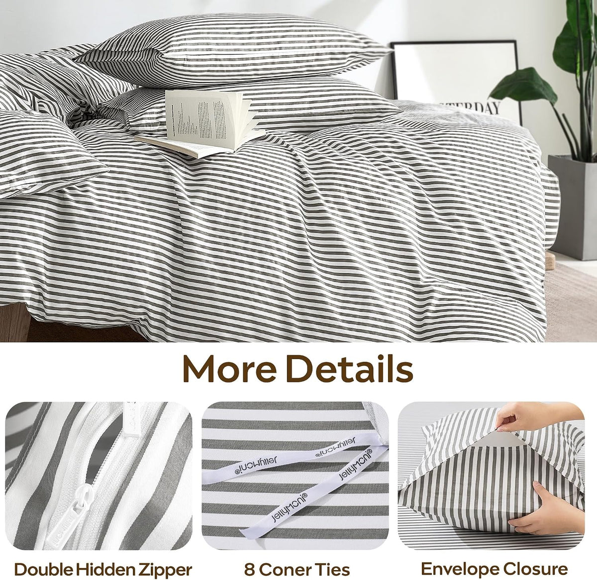 Grey Striped Cotton Duvet Cover Set