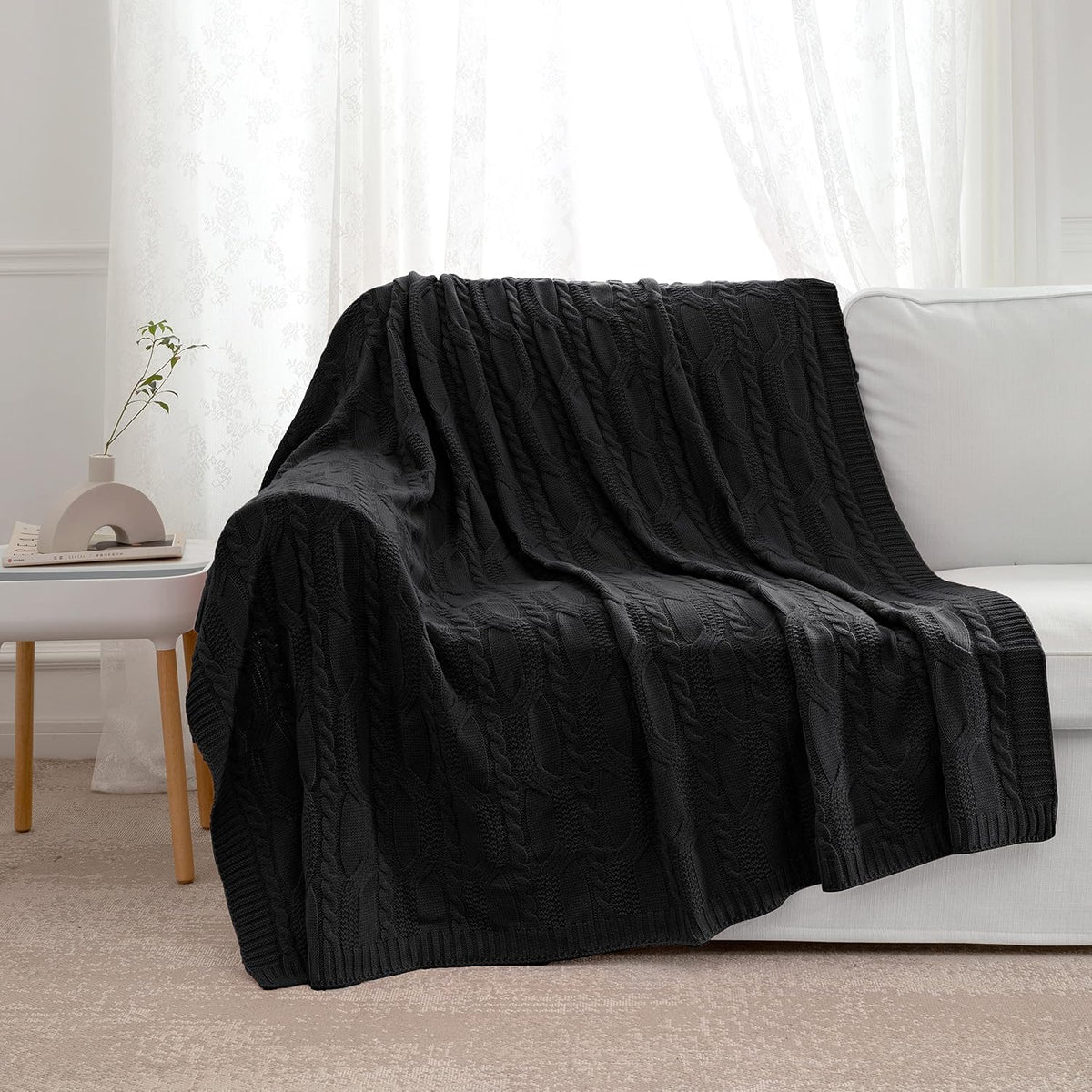 Black Cable Knit Throw Blanket