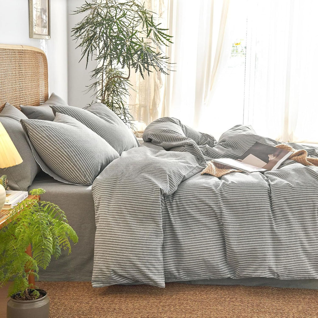 Grey Striped Washed Cotton Duvet Cover Set