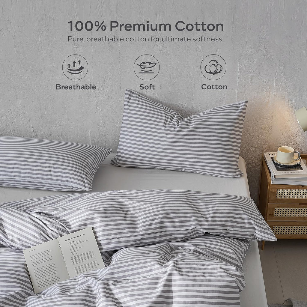 Grey Striped Cotton Duvet Cover Set