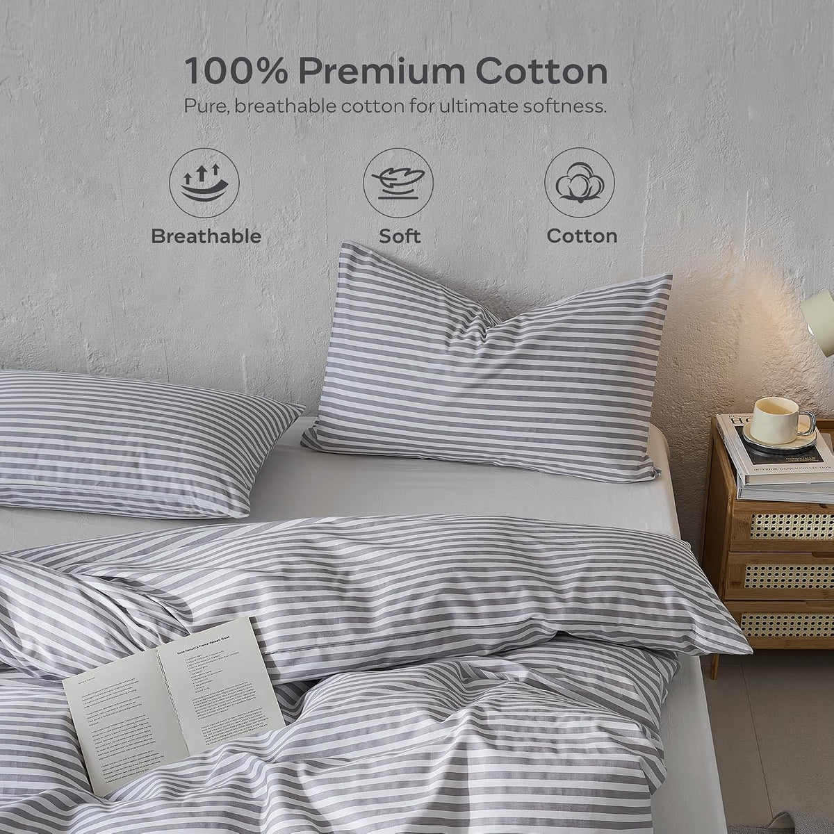 Grey Striped Cotton Duvet Cover Set