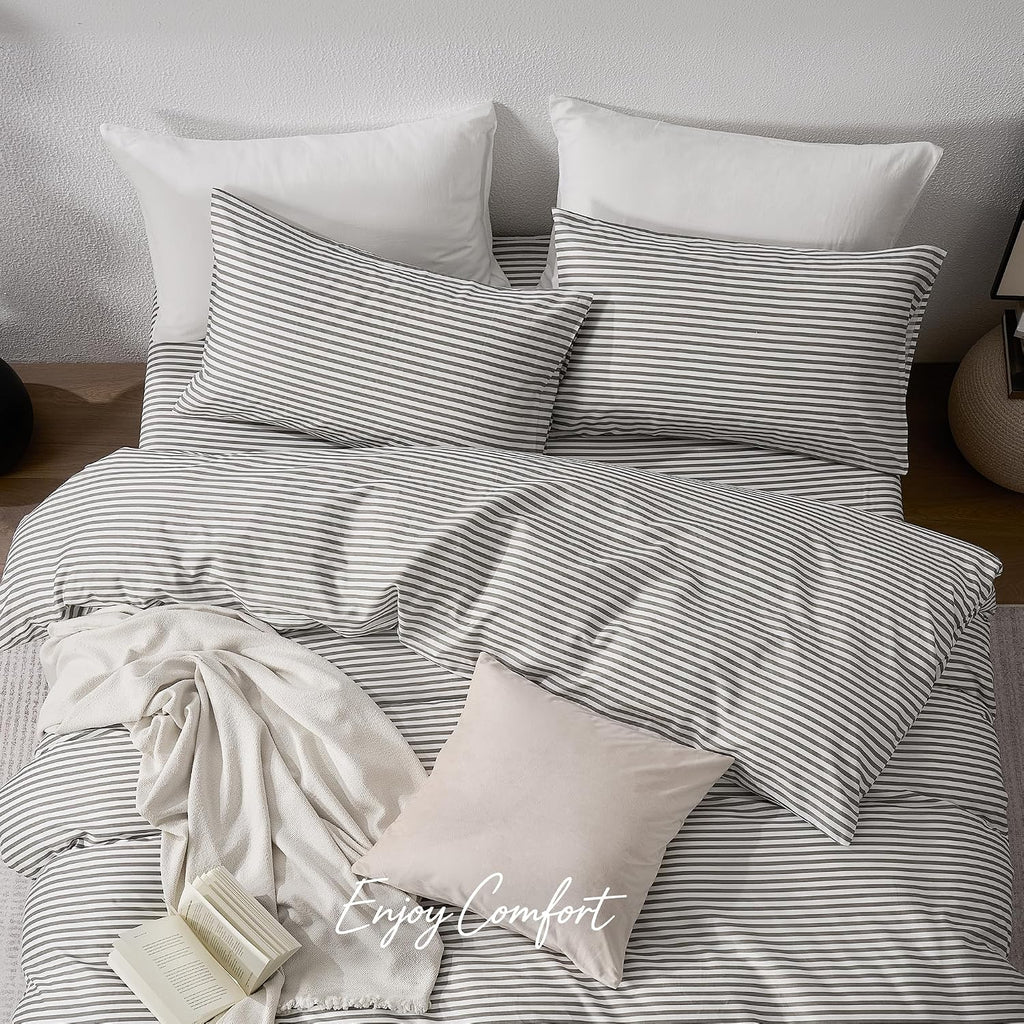 Grey Striped Cotton Duvet Cover Set