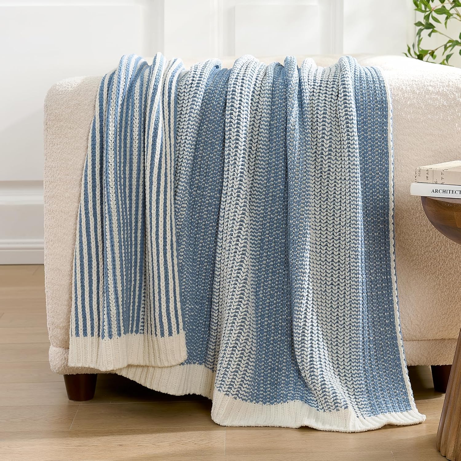 Blue Ivory Knit Throw Blanket