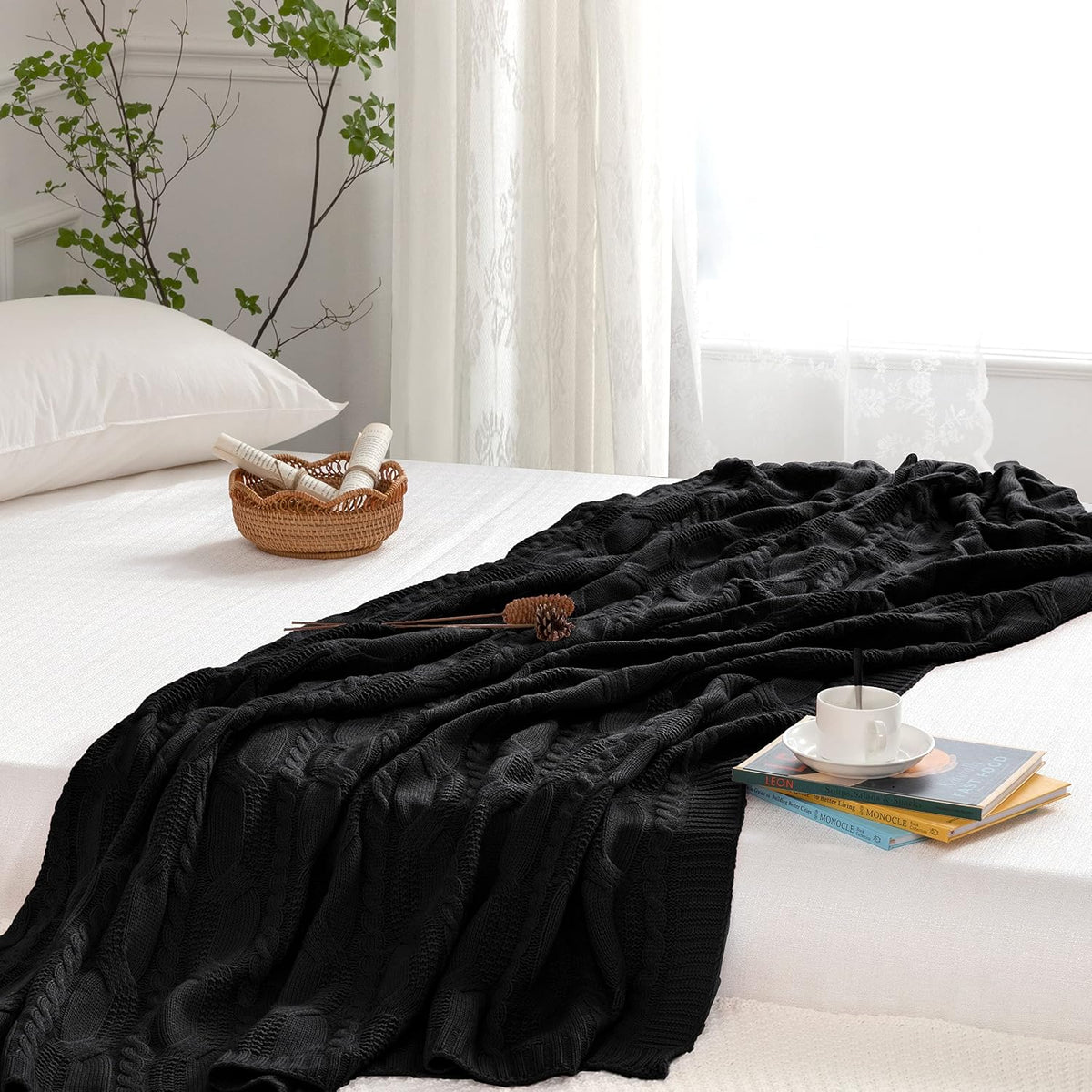 Black Cable Knit Throw Blanket