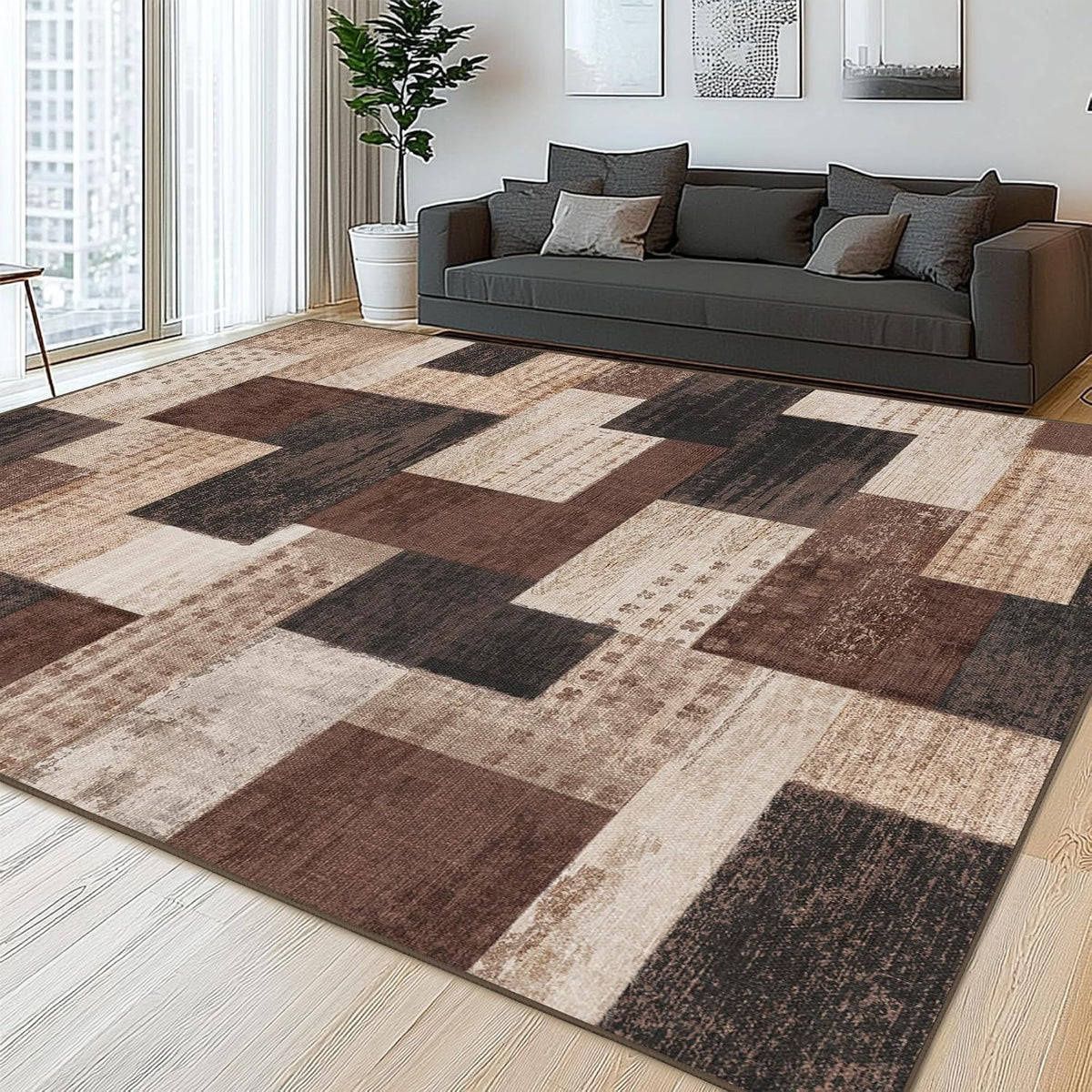 Brown Geometric Patchwork Area Rug