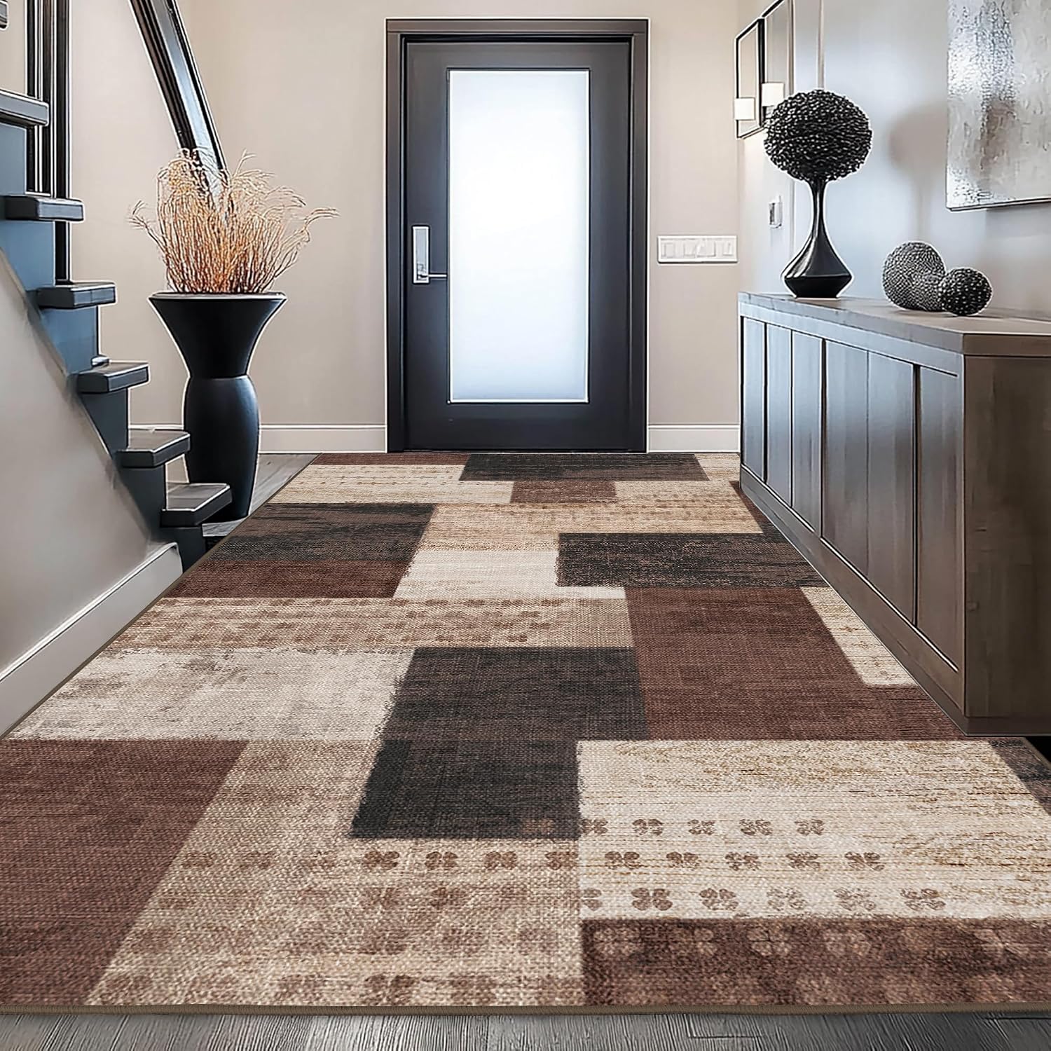 Brown Geometric Patchwork Area Rug
