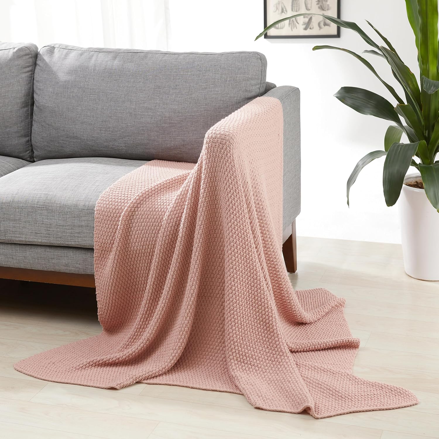 Dusty Rose Cable Knit Throw Blanket