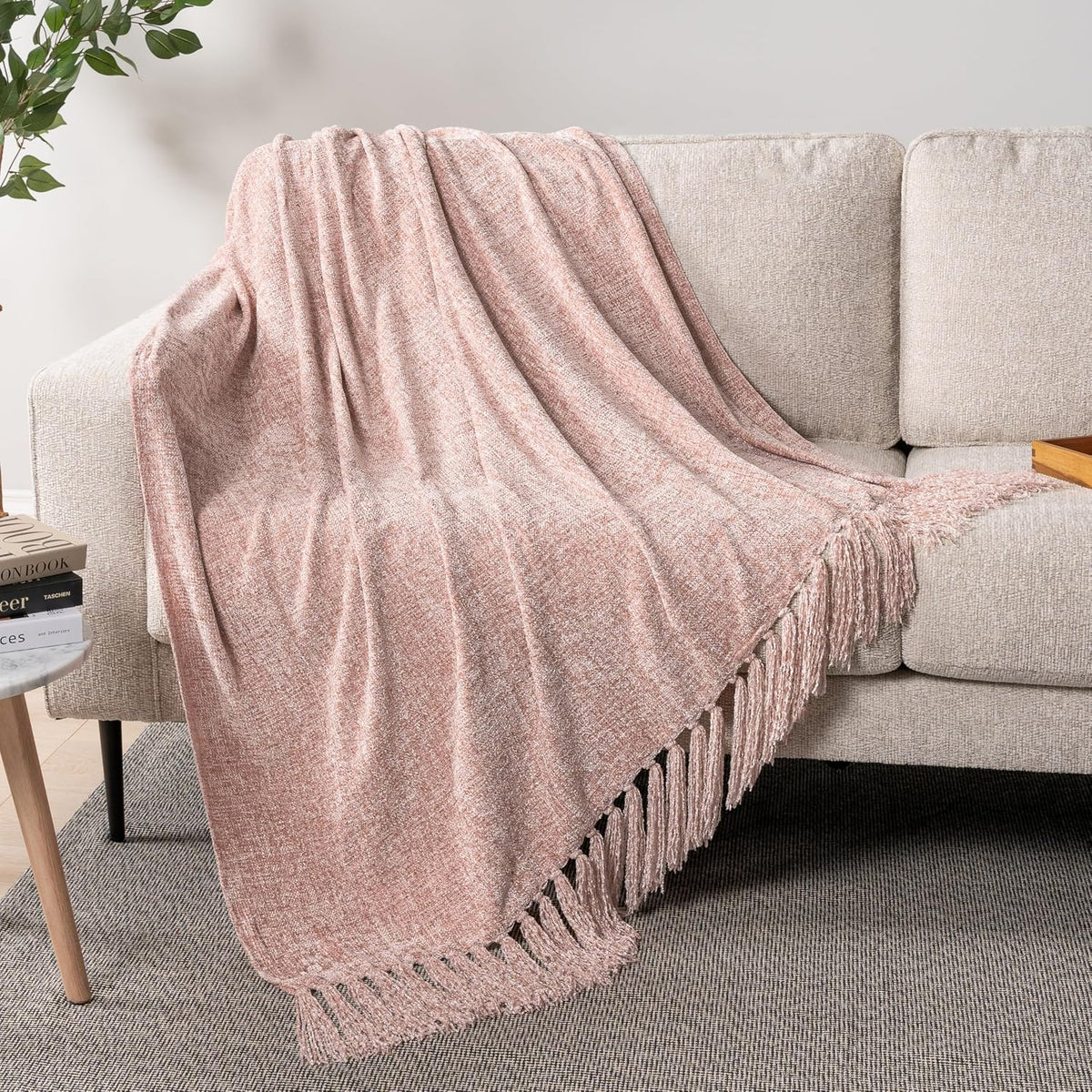 Pink Chenille Tassel Throw Blanket